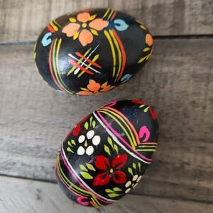Vintage Handpainted Wooden Decorative Eggs Set of 2 Pysanky Style Easter Decor
